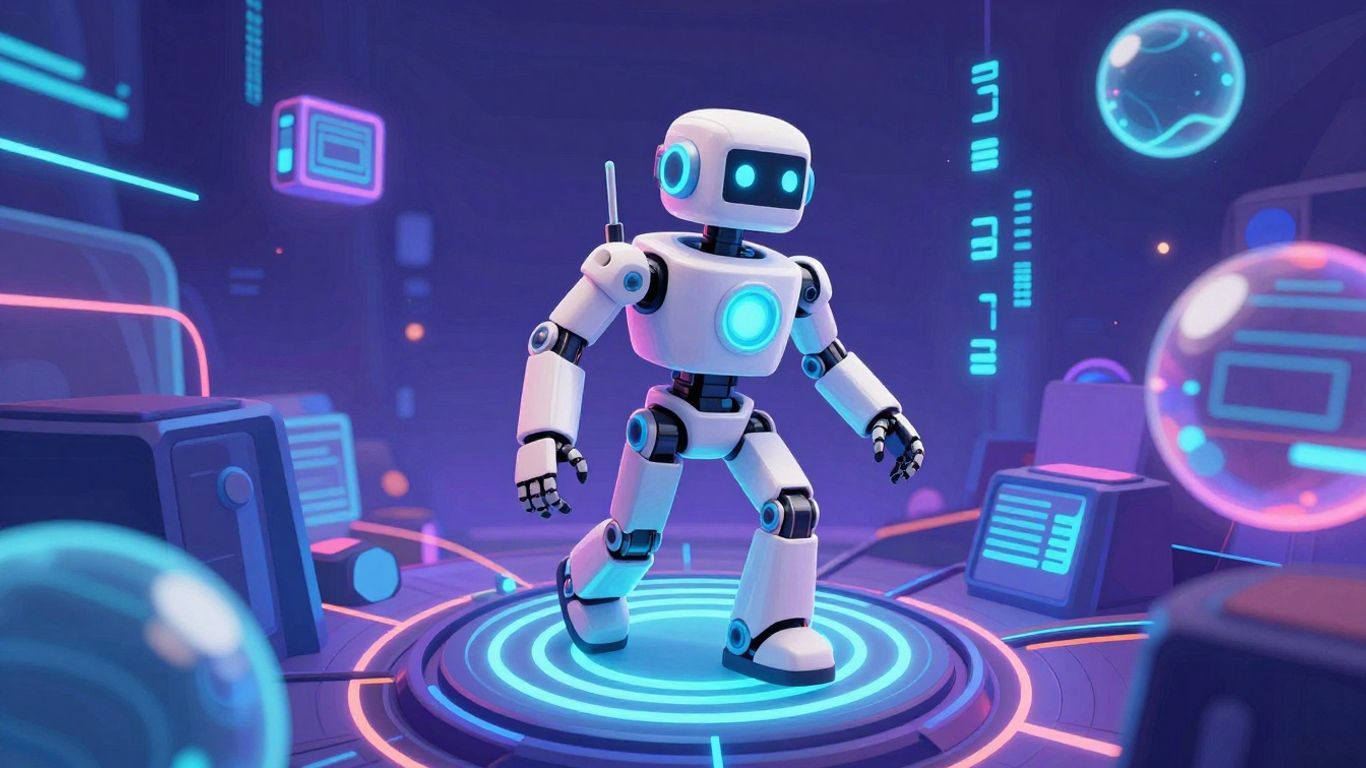 Robot navigating a futuristic digital landscape.