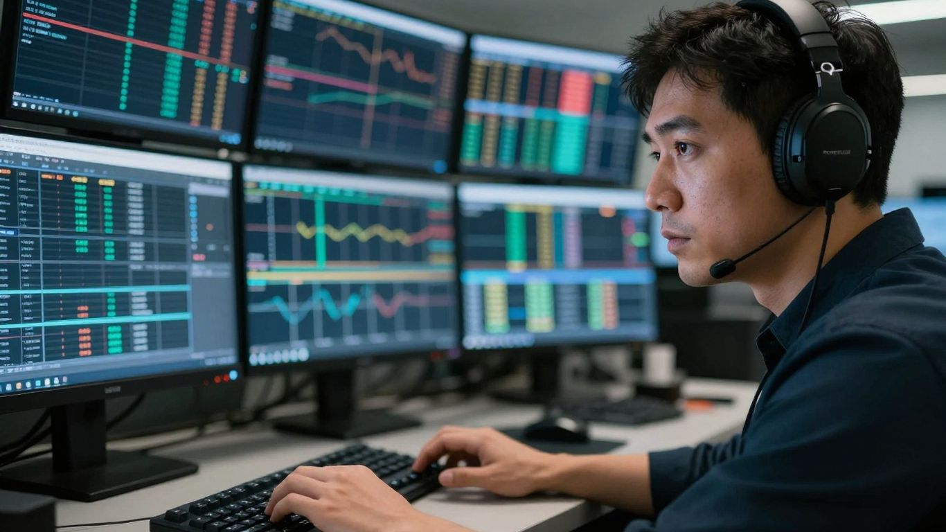 Trader's intense focus on live trading screens.