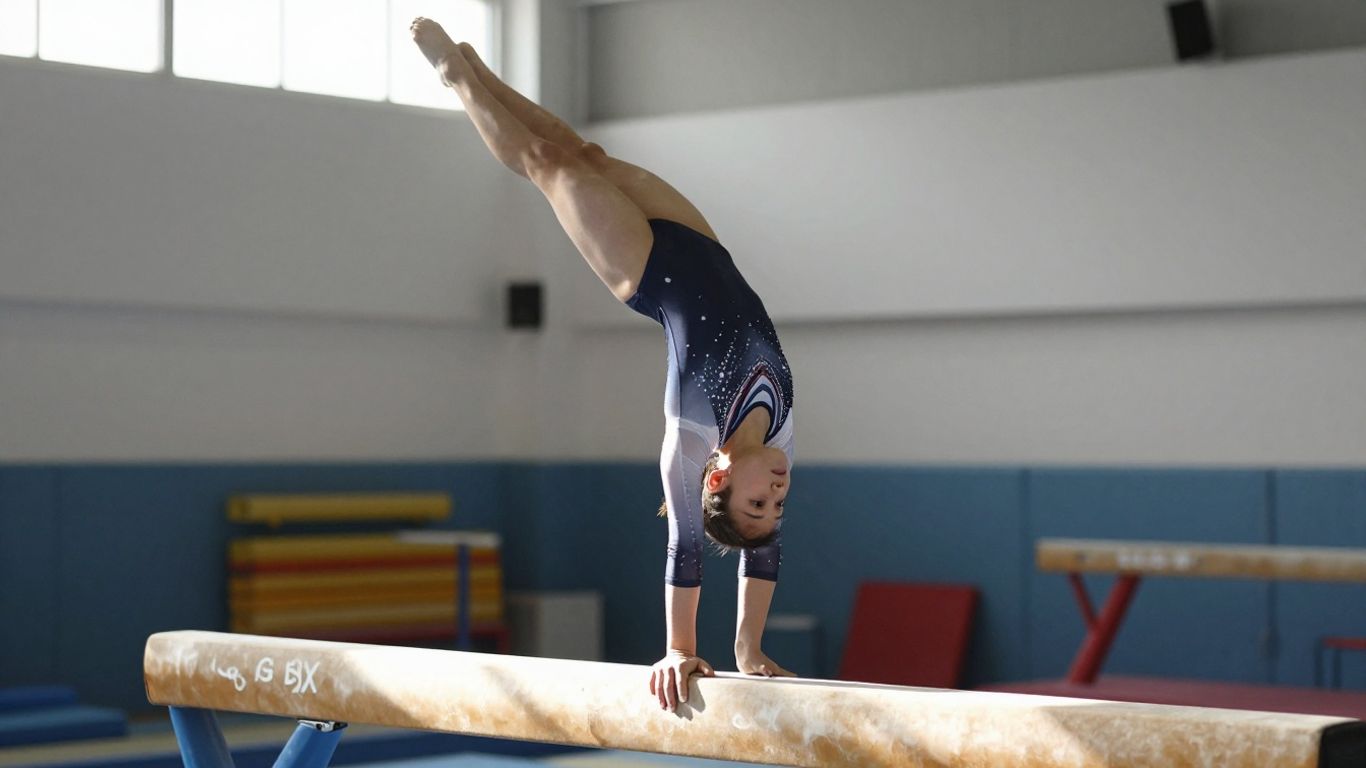 Young gymnast performing a flip on a balance beam.