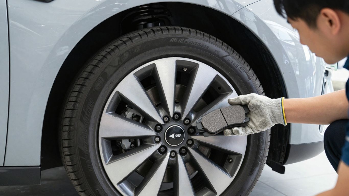 Professional mechanic inspecting brake pad wear