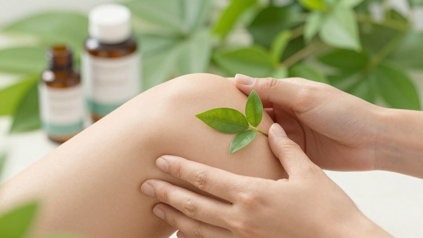 Hands holding knee with supplements and plants nearby.