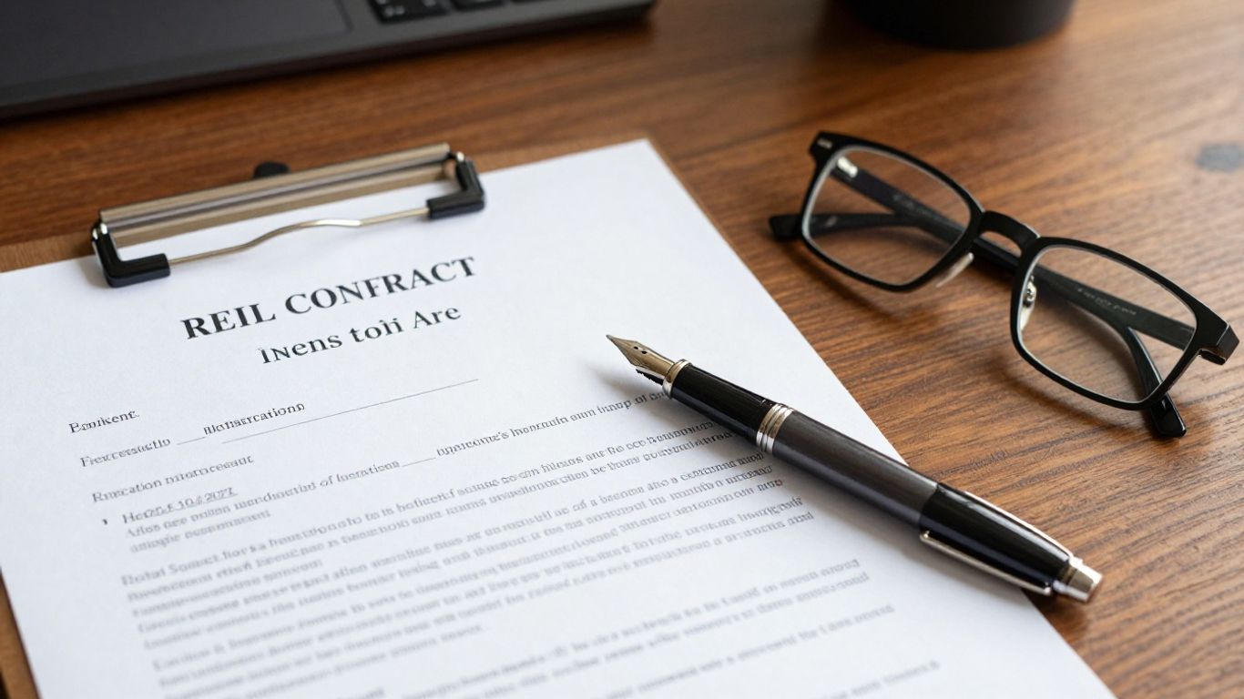 Contract documents laying on a wooden table