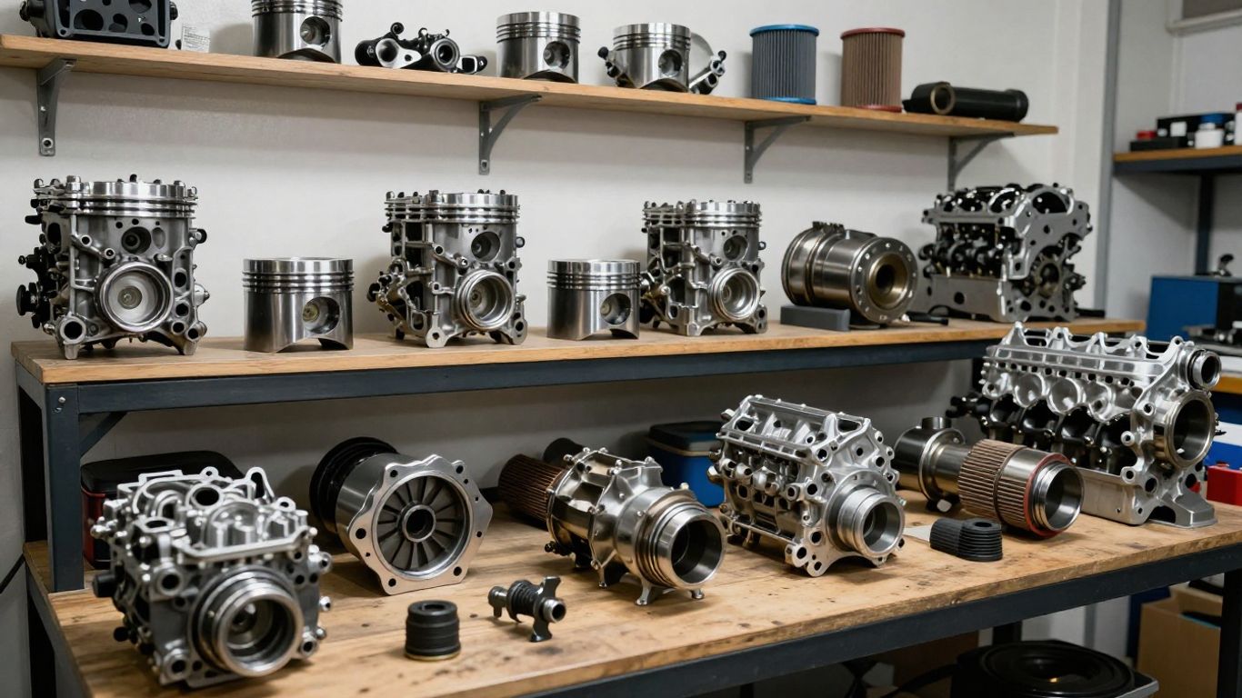 Joondalup engine parts and accessories displayed in a workshop.