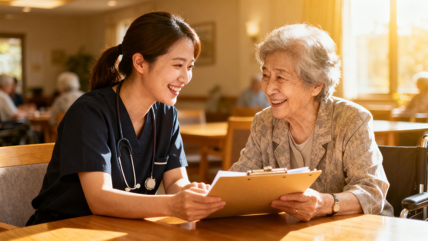Staff sitting with a resident to discuss plans