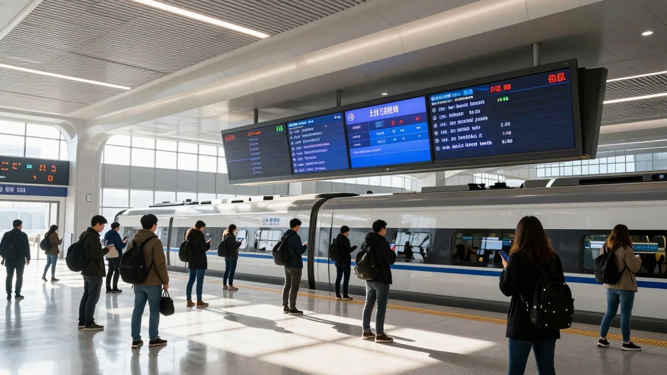 Voyageurs utilisant des appareils numériques dans une gare moderne.