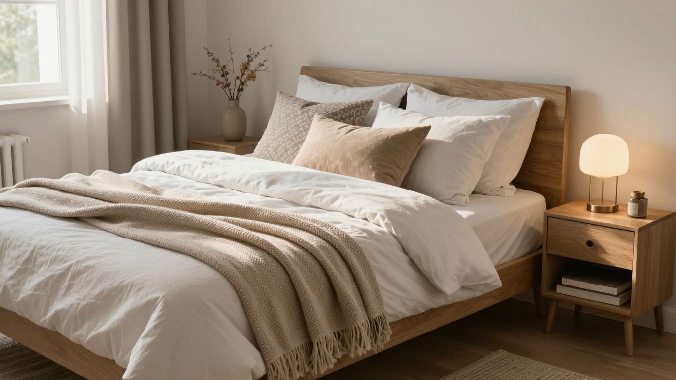 Stylish small bedroom with decorative accessories and cozy bedding.