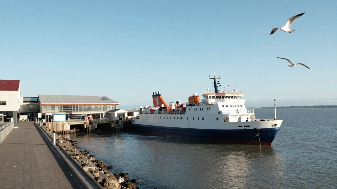 Dunkirk Ferry Terminal with ferries docked and the sea beyond.