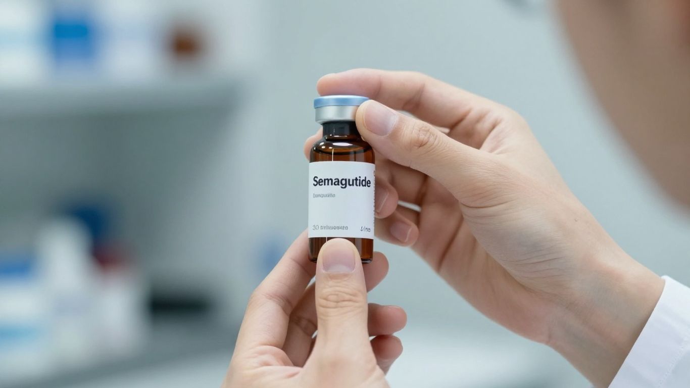 Mãos de médico segurando frasco de semaglutida