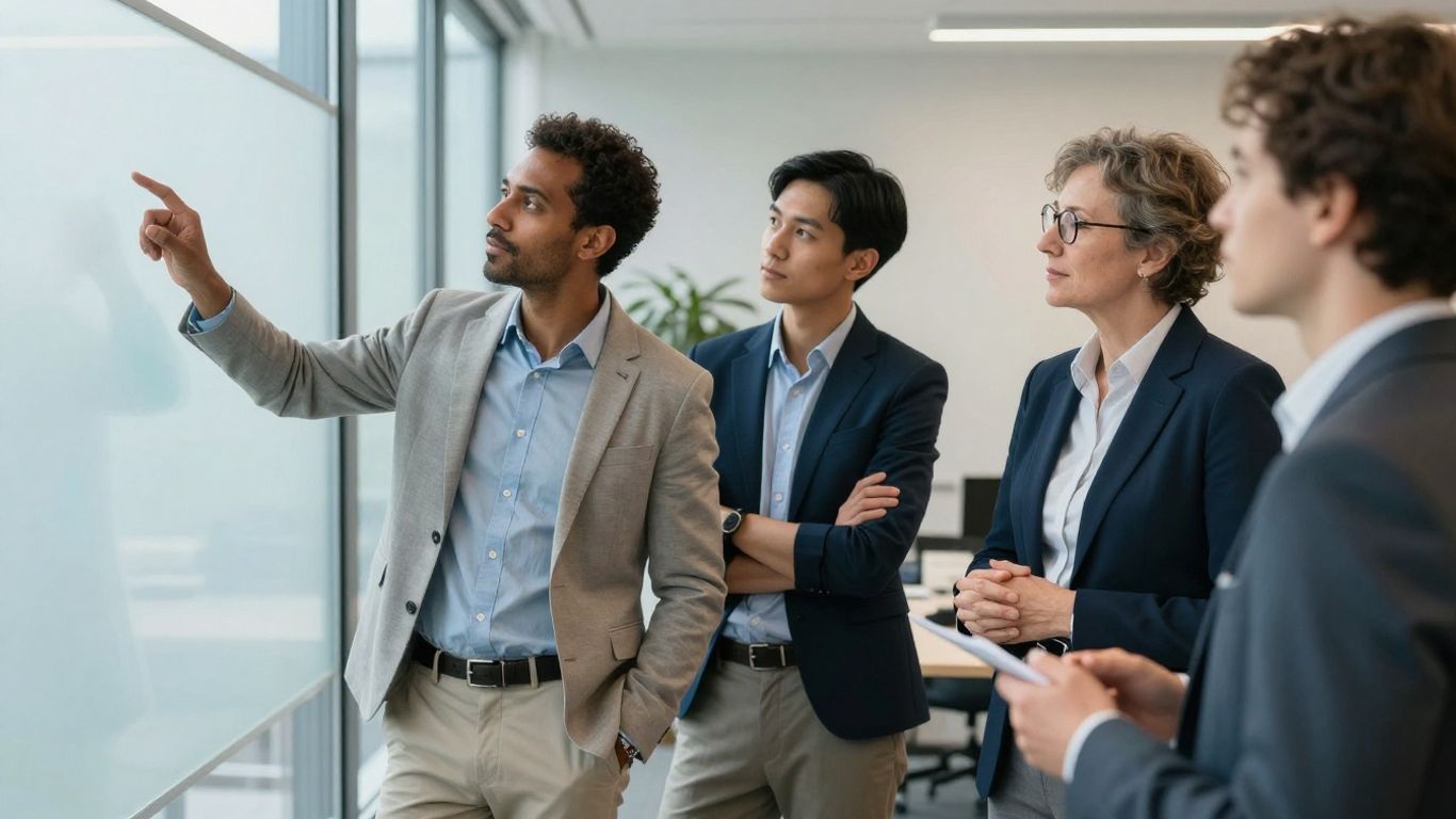 Europäische Fachkräfte im Gespräch in einem Büro.