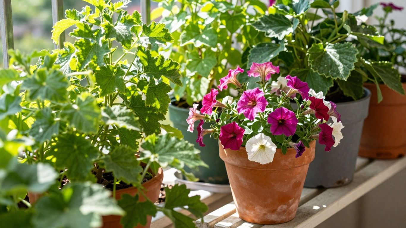 Gesunde Balkonpflanzen in voller Blüte im Sonnenlicht