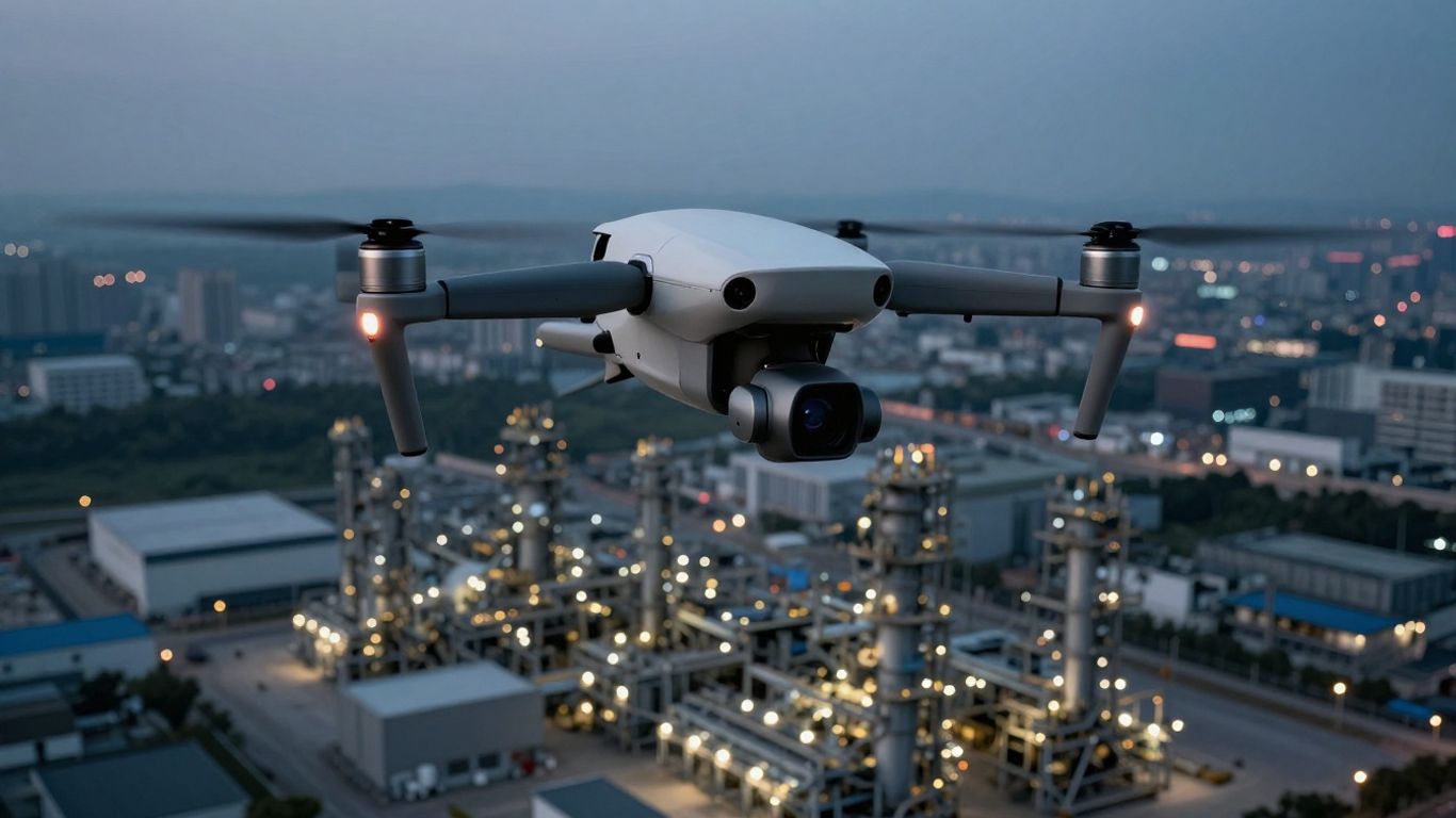 Dronă modernă supraveghind un complex industrial de la înălțime.