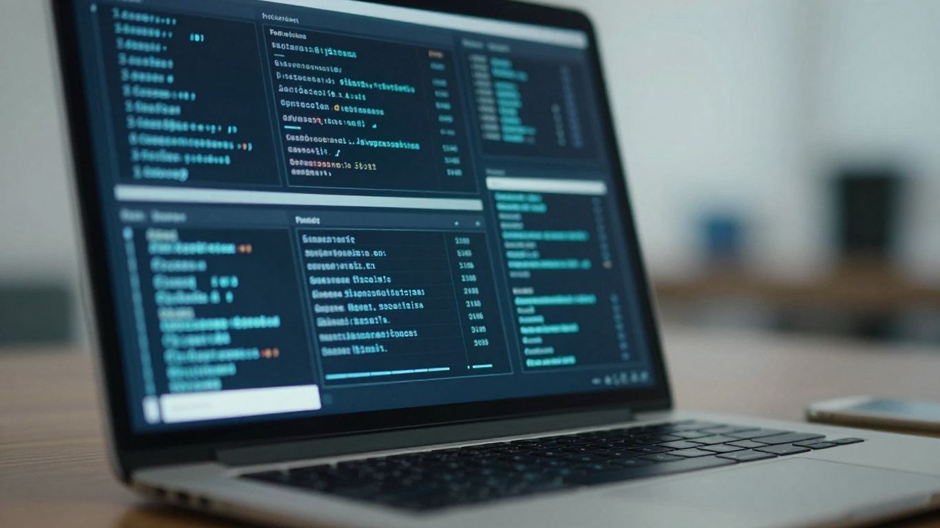 Laptop screen with abstract data visualizations.