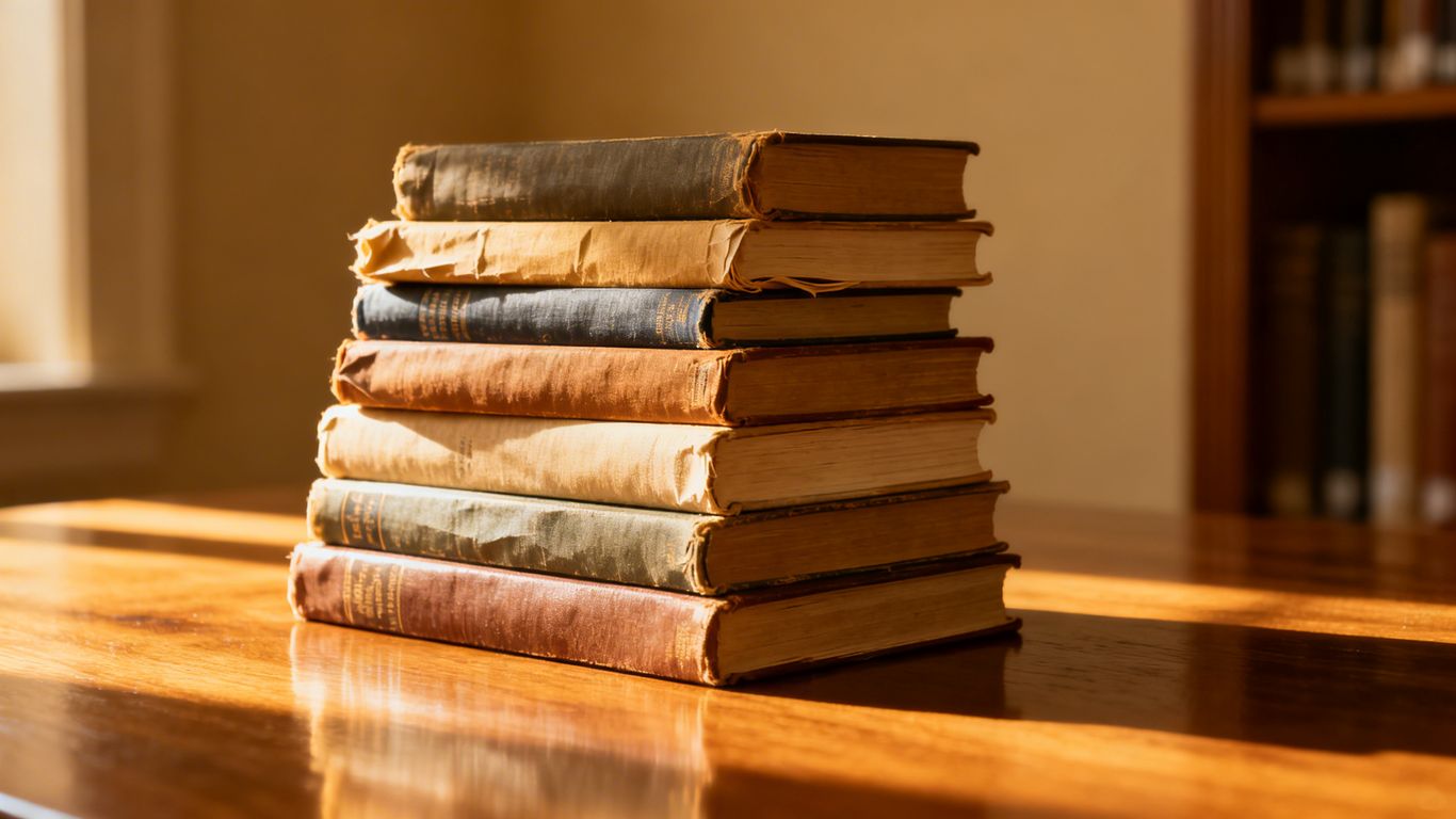 Stack of eight real estate investment books on a wooden surface.