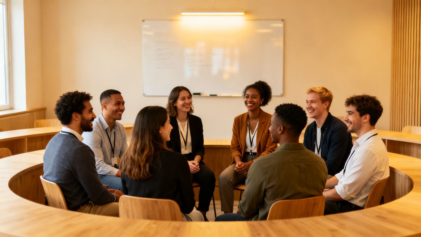 A diverse team of hostel support staff in a communal space