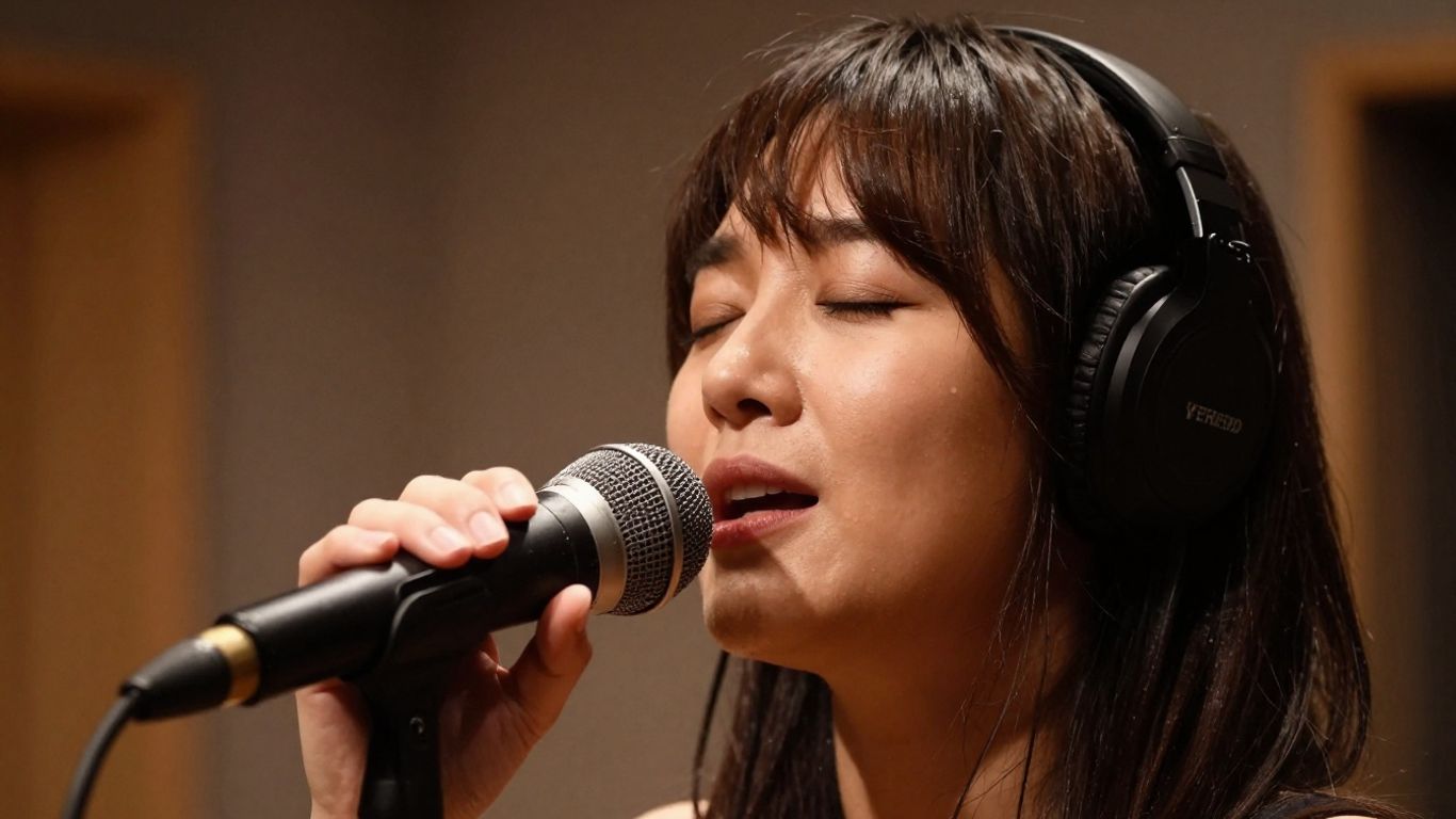 Singer recording vocals in a studio with a microphone.