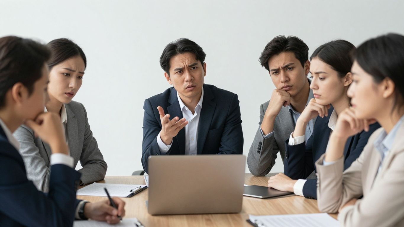 Personas preocupadas en una reunión tensa.