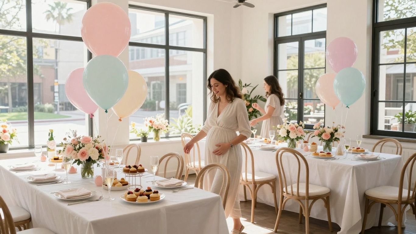 Elegant Dallas baby shower venue with balloons and flowers.