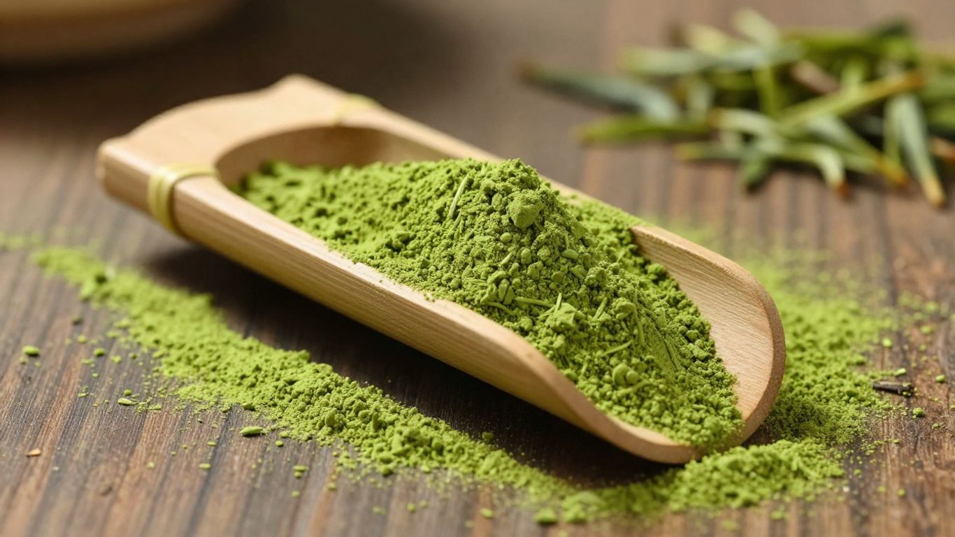 Premium matcha green tea powder in a bamboo scoop.