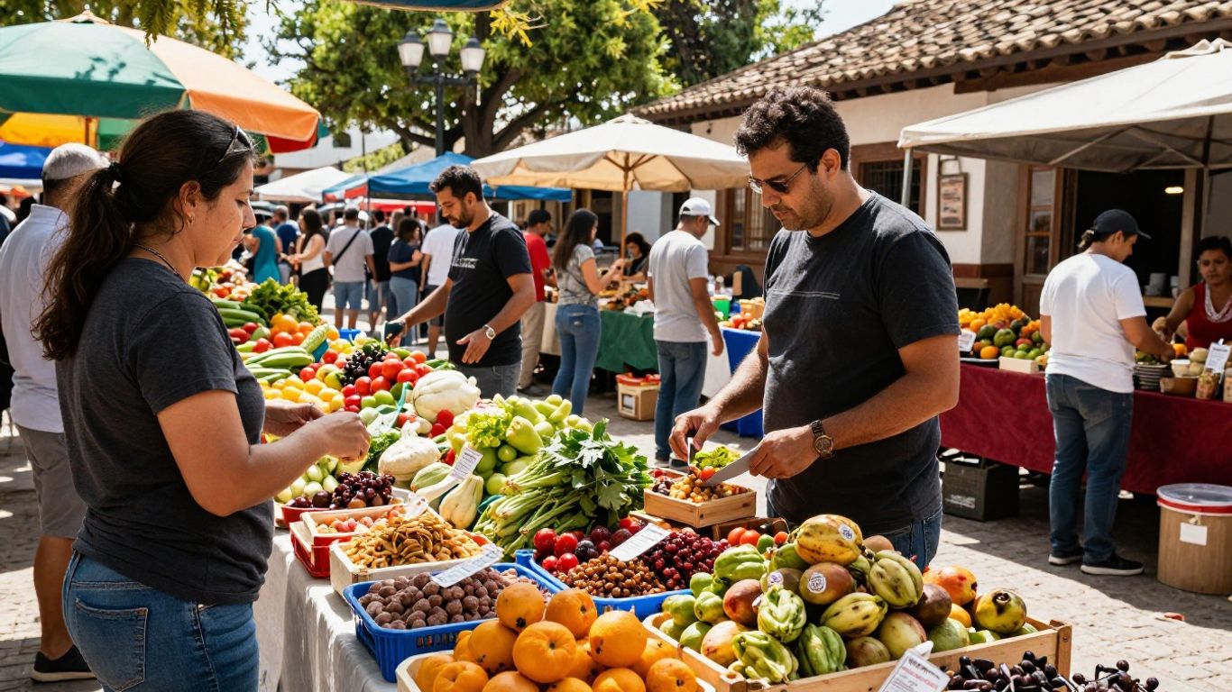 Turismo y gastronomía local en plaza colorida.