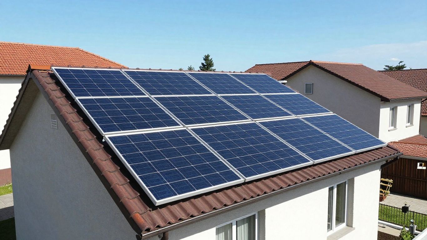 Maison avec panneaux solaires, intégration et surimposition.