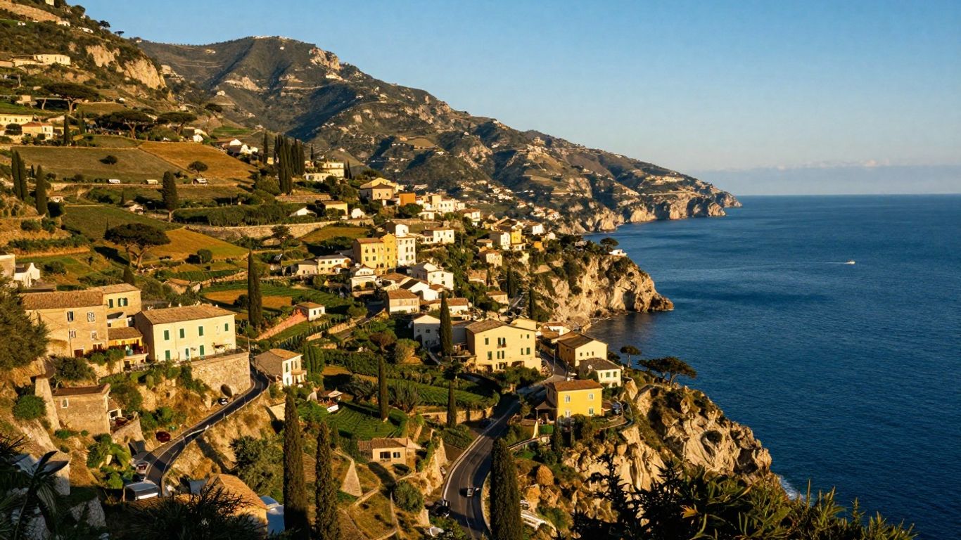 Scenic Italian West Coast landscape with sea and hills.