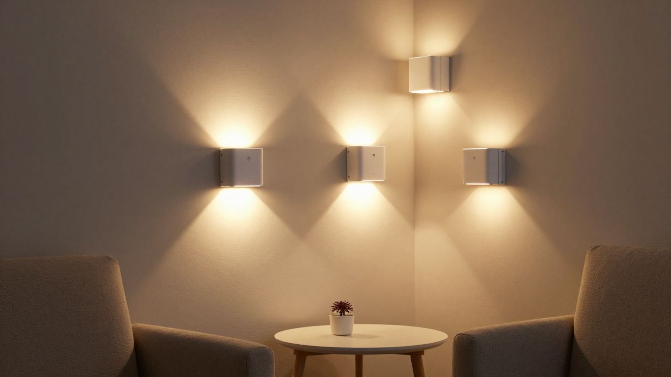 Battery operated wall lights illuminating a cozy living room corner.