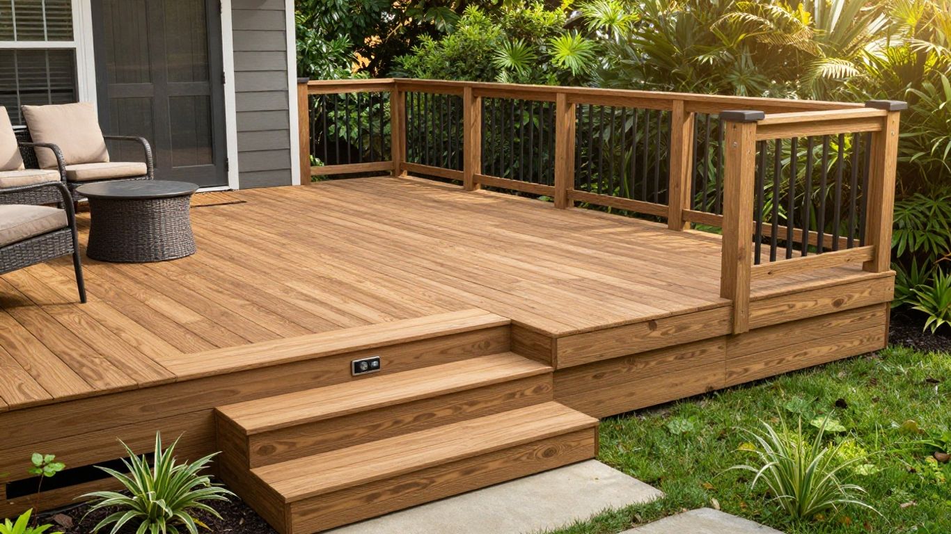Trex deck with outdoor furniture and landscaping.