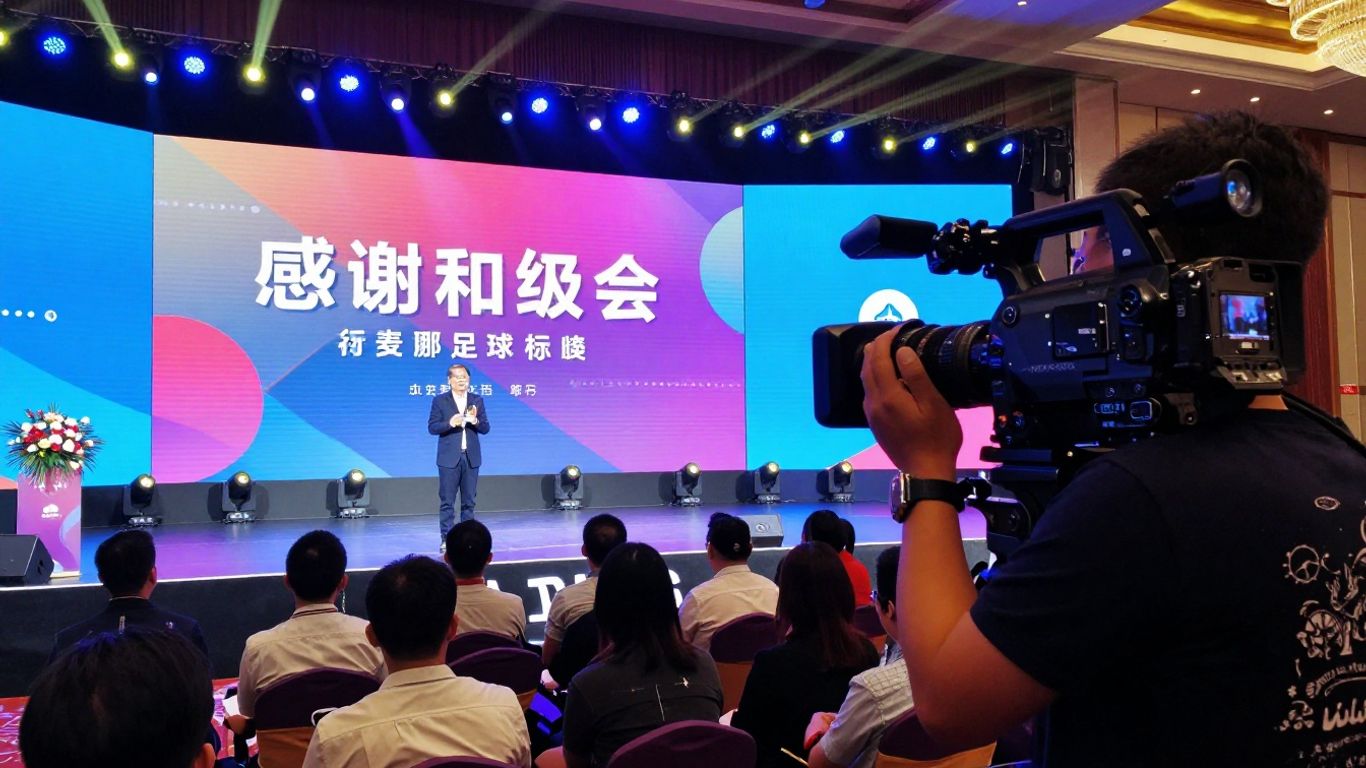 Videographer filming speaker on stage at corporate event.