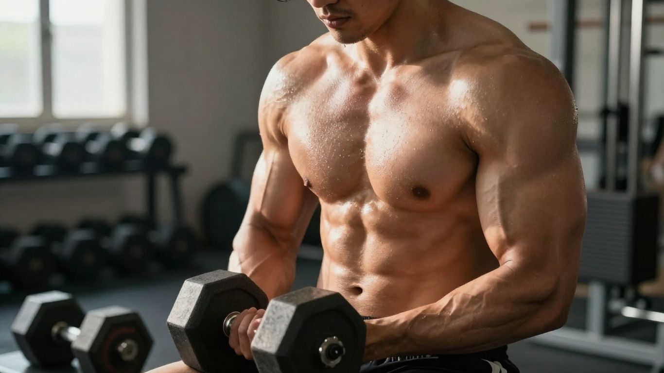 Muscular man flexing in a gym.