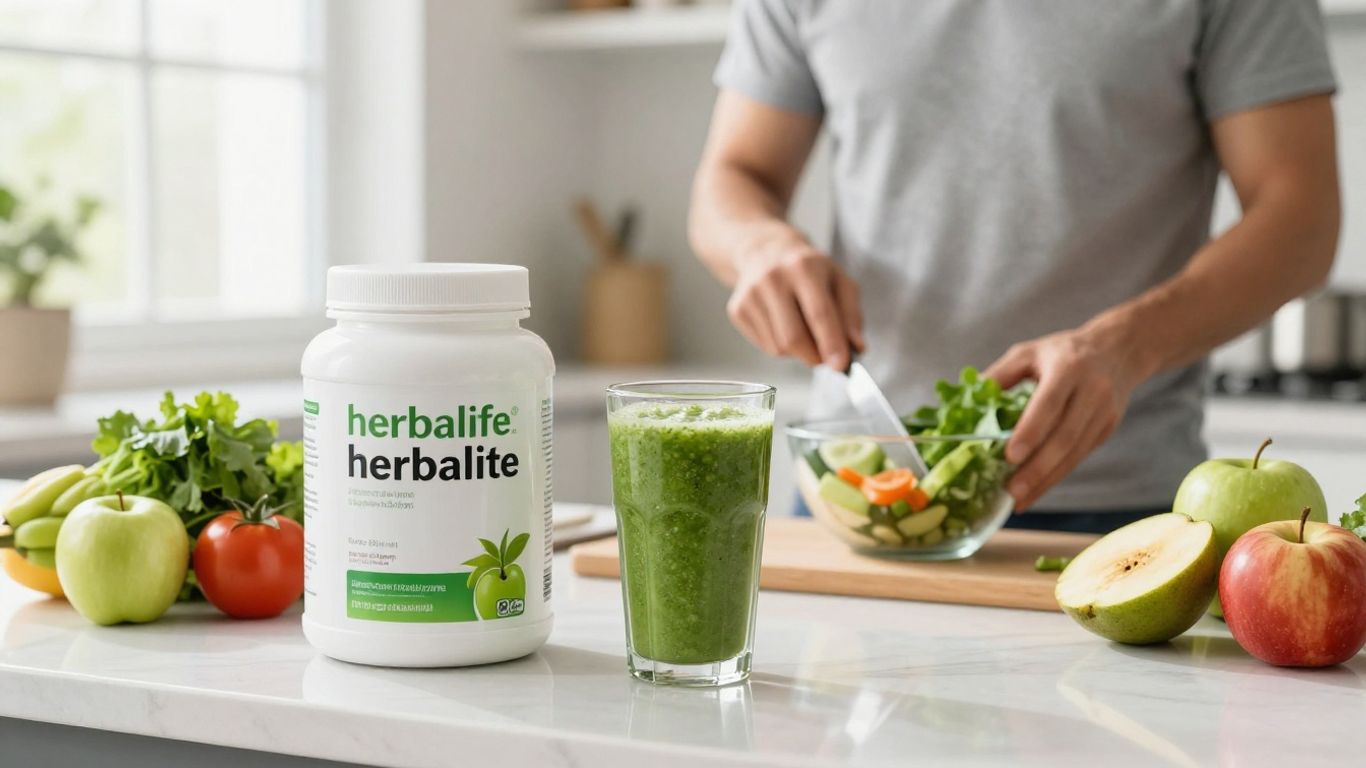 Herbalife products, shake, fruits, and fit person cooking