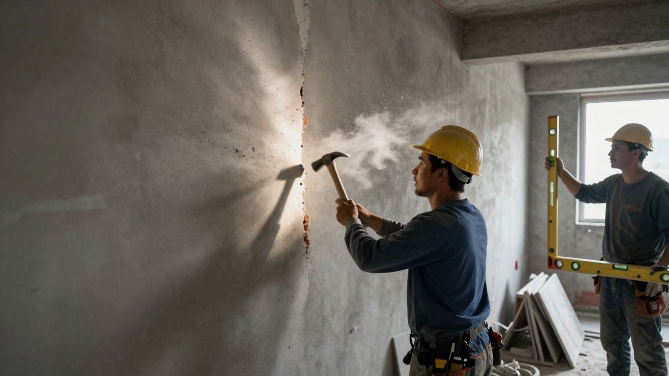 Worker demolishing interior wall with tools.