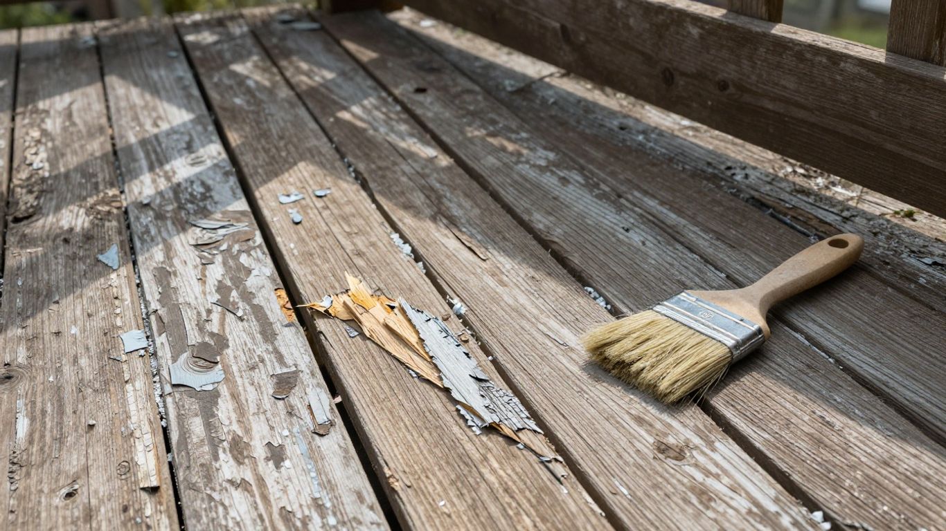 Deck needing paint, with a paintbrush.