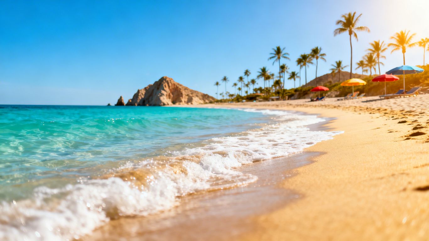 Cabo beach with turquoise water and palm trees.