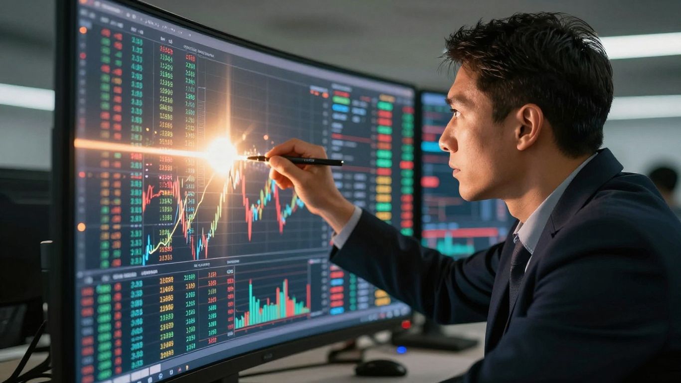 Trader focused on abstract market dynamics with sunlight.