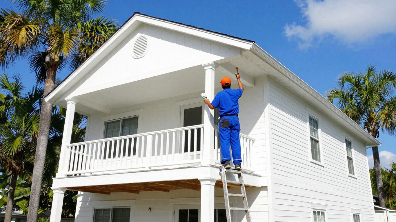 Orlando painter applying white paint to a home exterior.