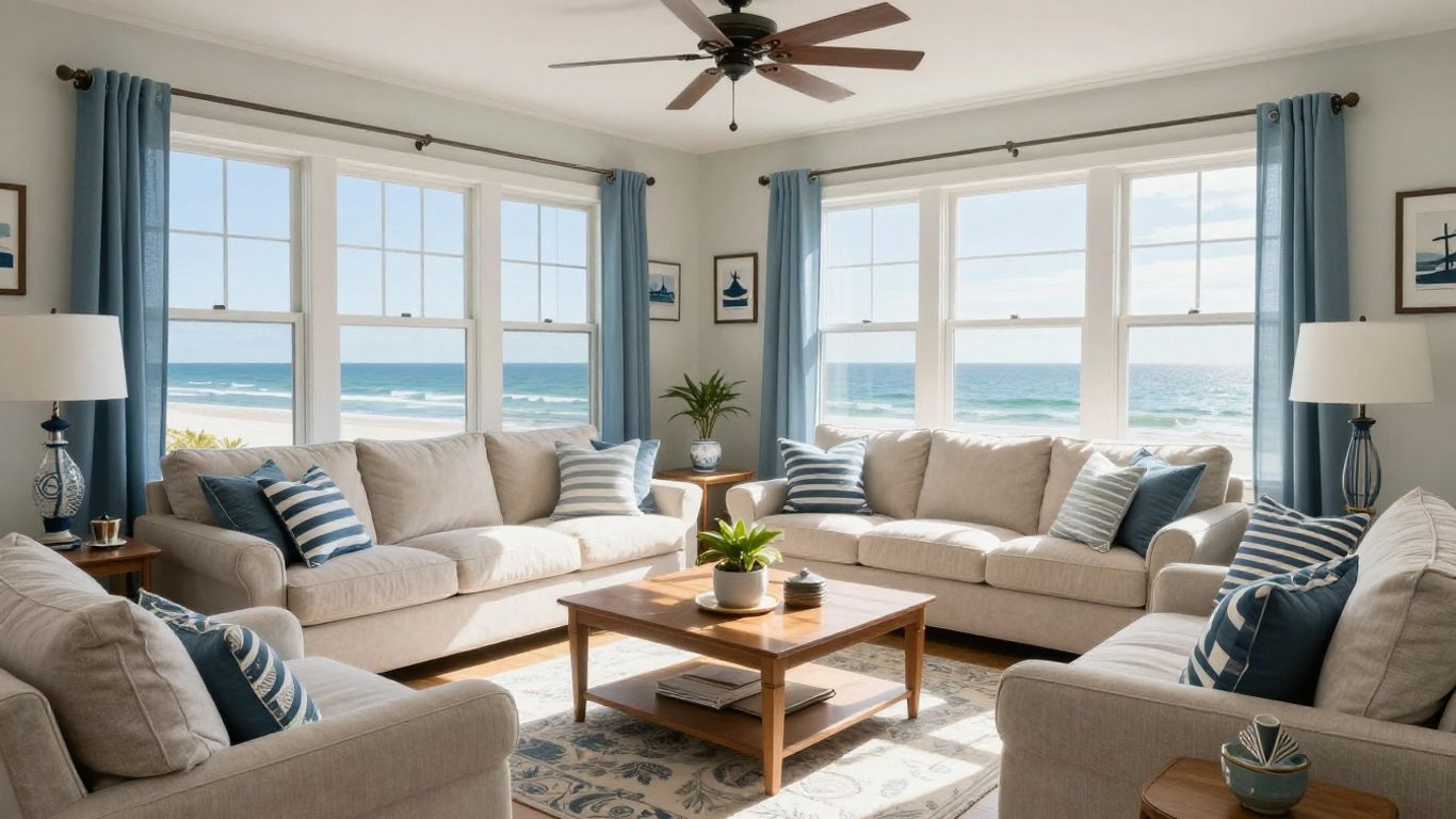 Coastal living room with ocean view in Myrtle Beach rental.