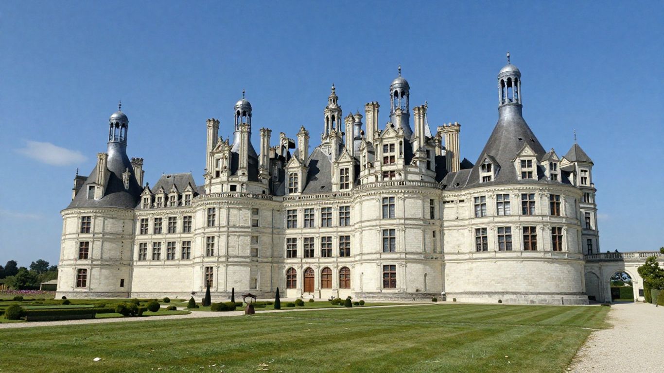 Château de Chambord exterior with turrets and chimneys.