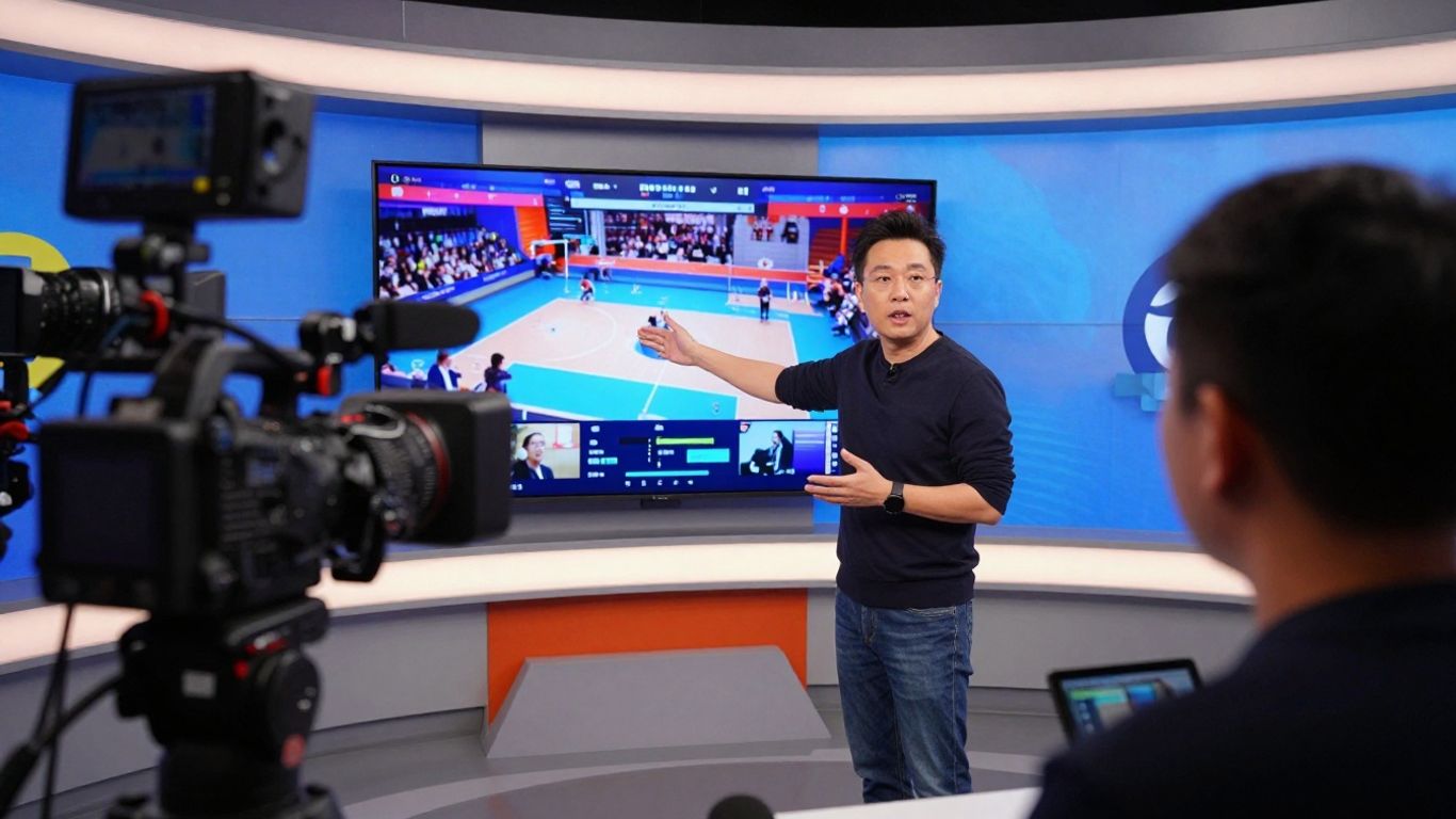 Live streaming studio with multiple cameras and screens.