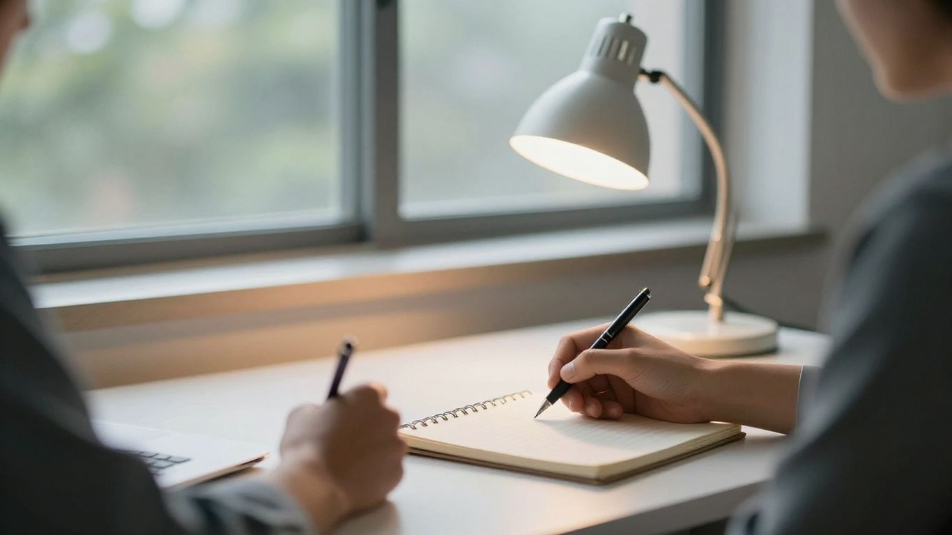 Schreibtisch mit hellem Licht und konzentrierter Person