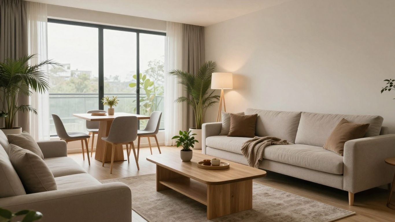 Airbnb living room with budget-friendly modern furniture