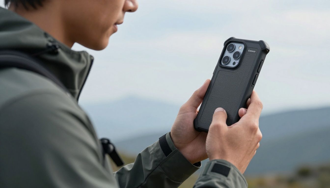 A person hiking in the Blue Mountains, checking their Galaxy S25 FE which is protected by a rugged case