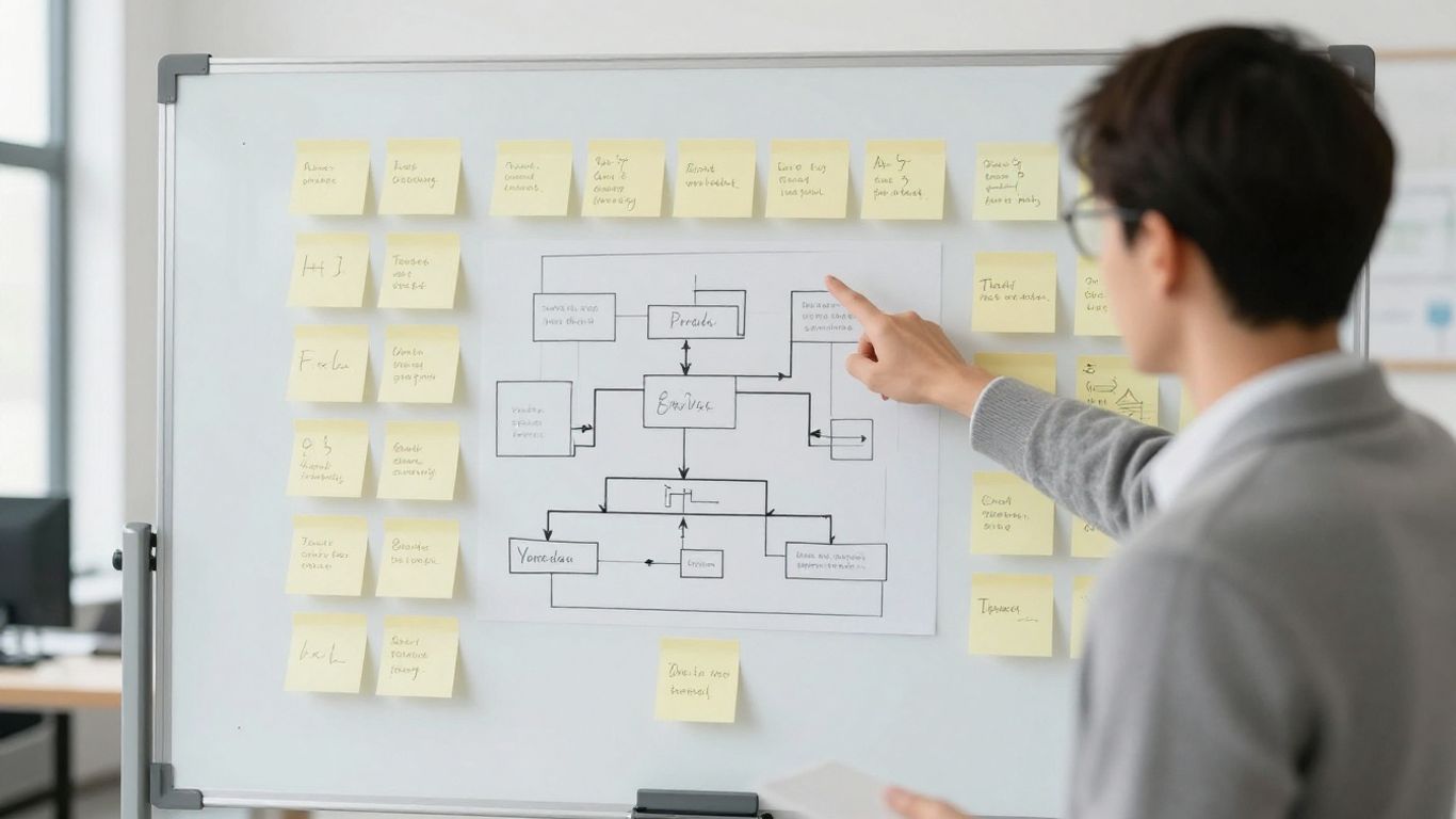 A professional assessing a complex office workflow board