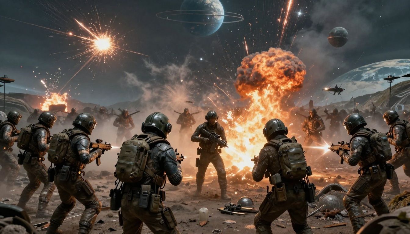 Esquadrão de Helldivers enfrentando hordas alienígenas em um planeta hostil, com explosões, ataques orbitais e atmosfera de ficção científica militar
