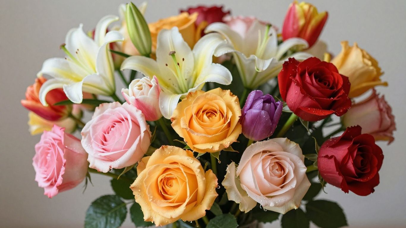 Vibrant bouquet of fresh roses, lilies, and tulips.
