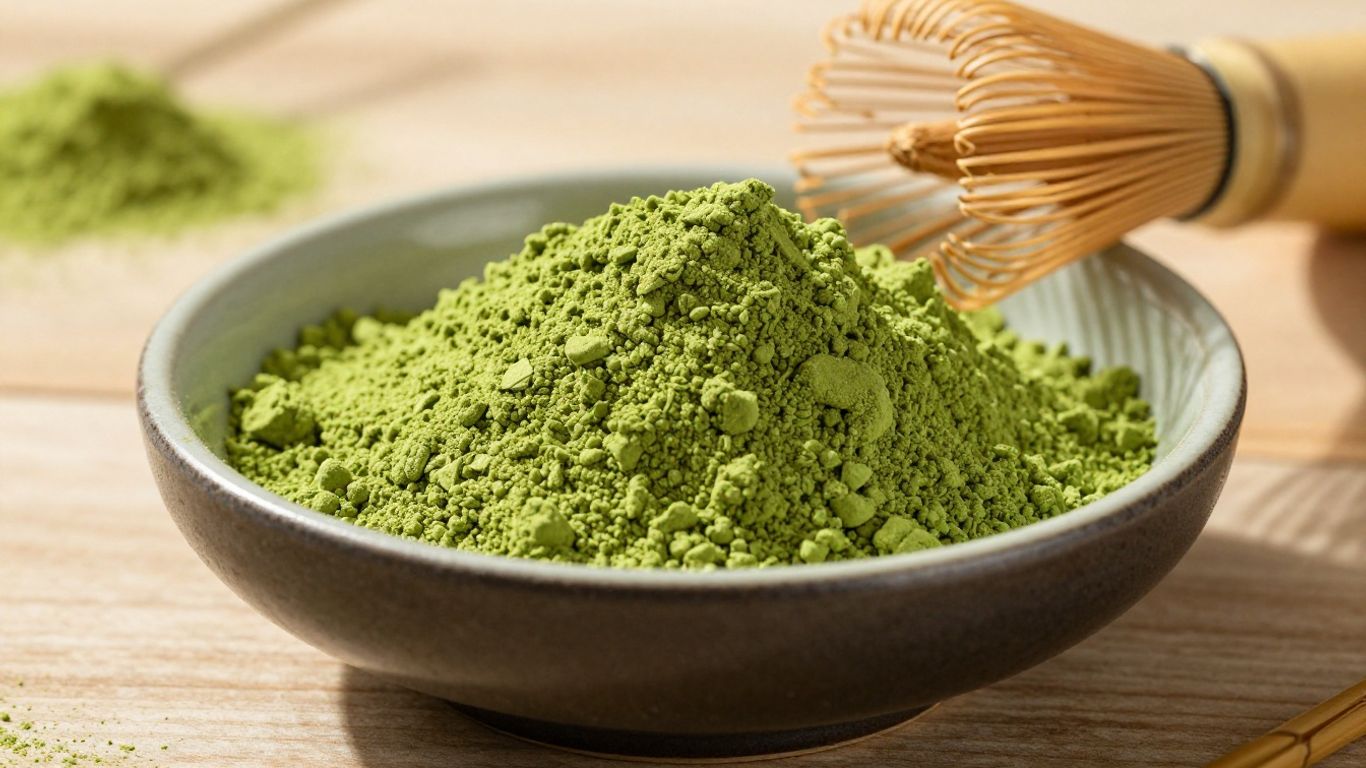 Vibrant green matcha powder in a ceramic bowl with a bamboo whisk.