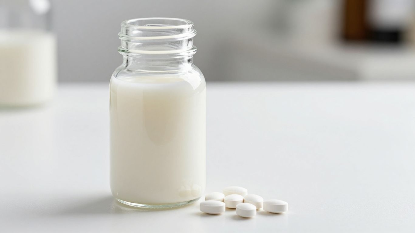 Liquid calcium supplement bottle and tablets