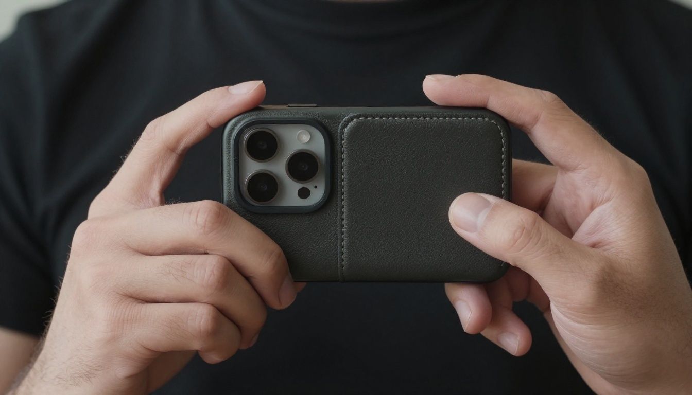 Close-up shot of a person's hands holding an iPhone 17 Pro Max in a dark leather wallet case, showing the precise cutouts around the camera and card slots.