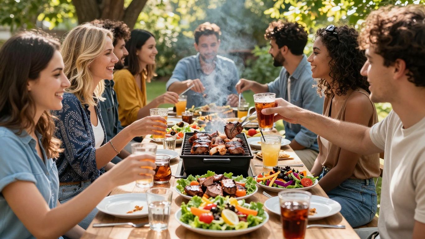 Outdoor barbecue catering spread with guests enjoying food.