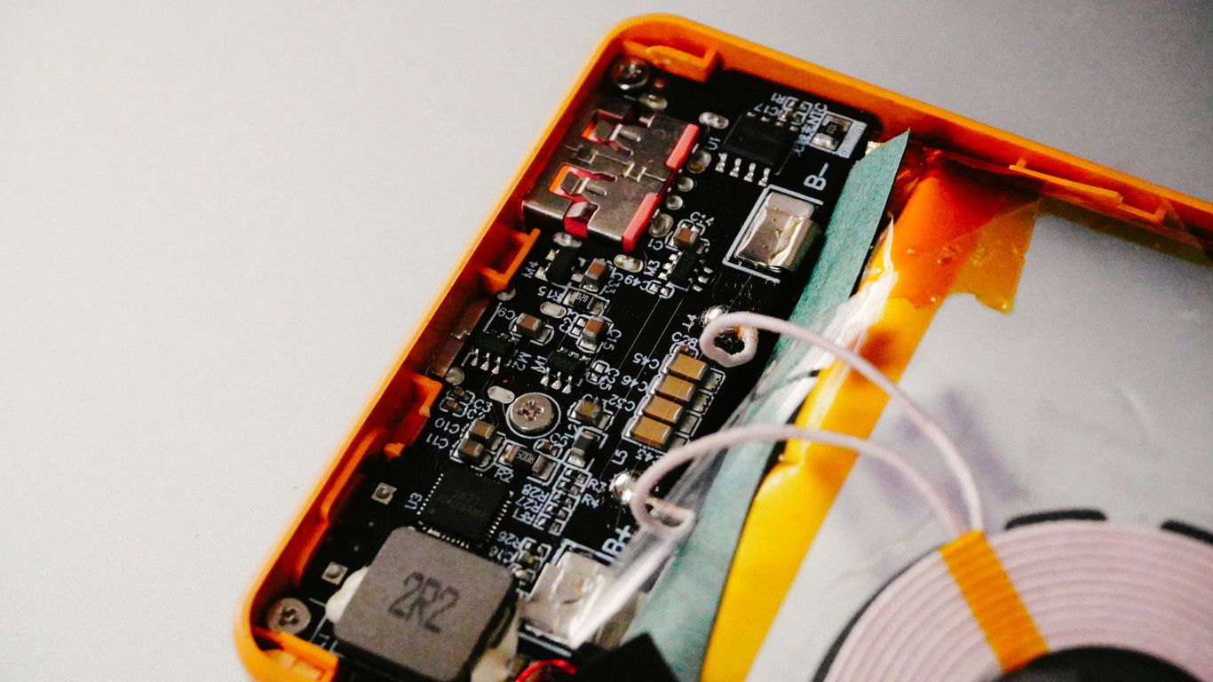 Close-up of an open power bank circuit board