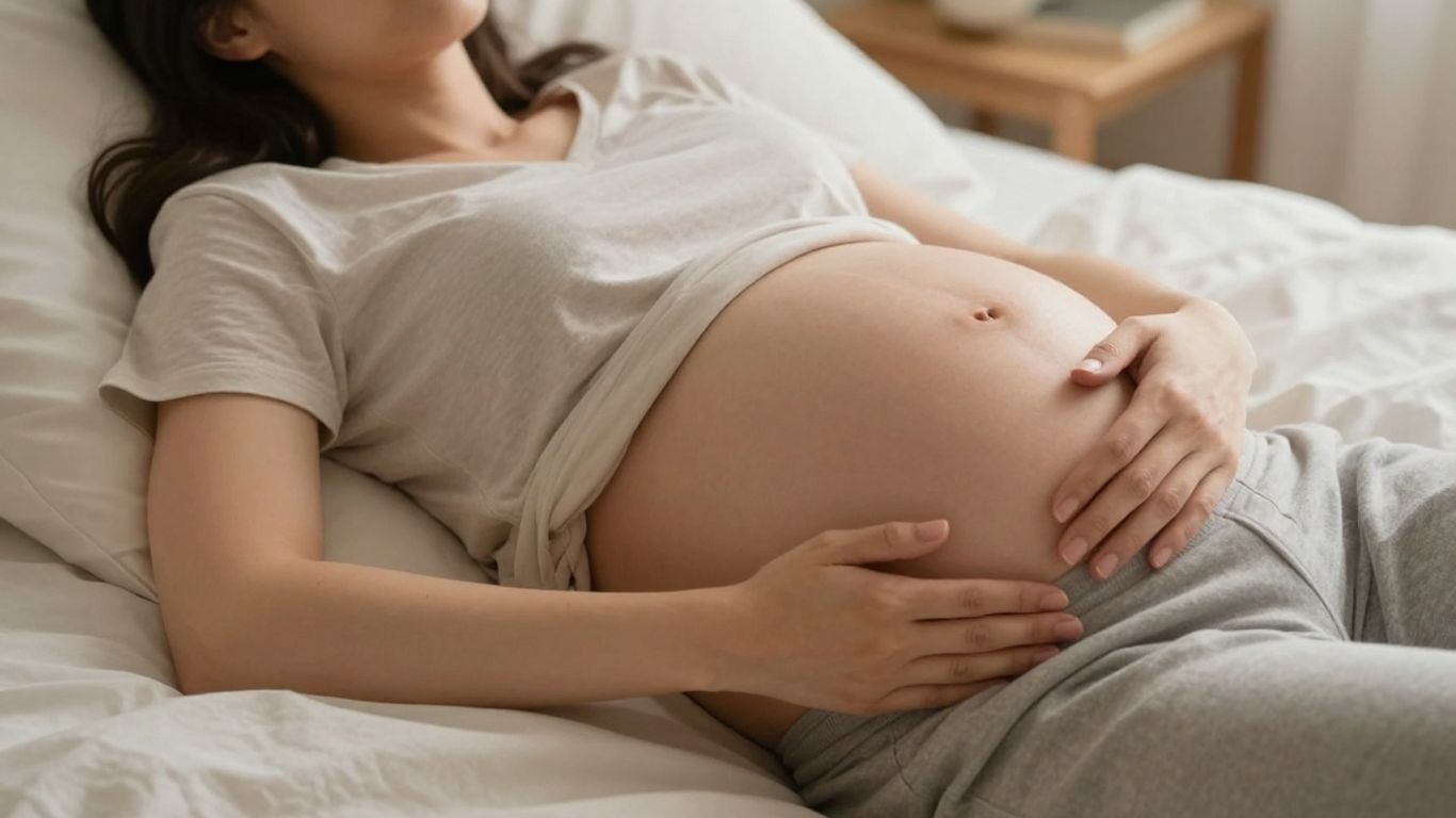 Embarazada observando suavemente su abdomen